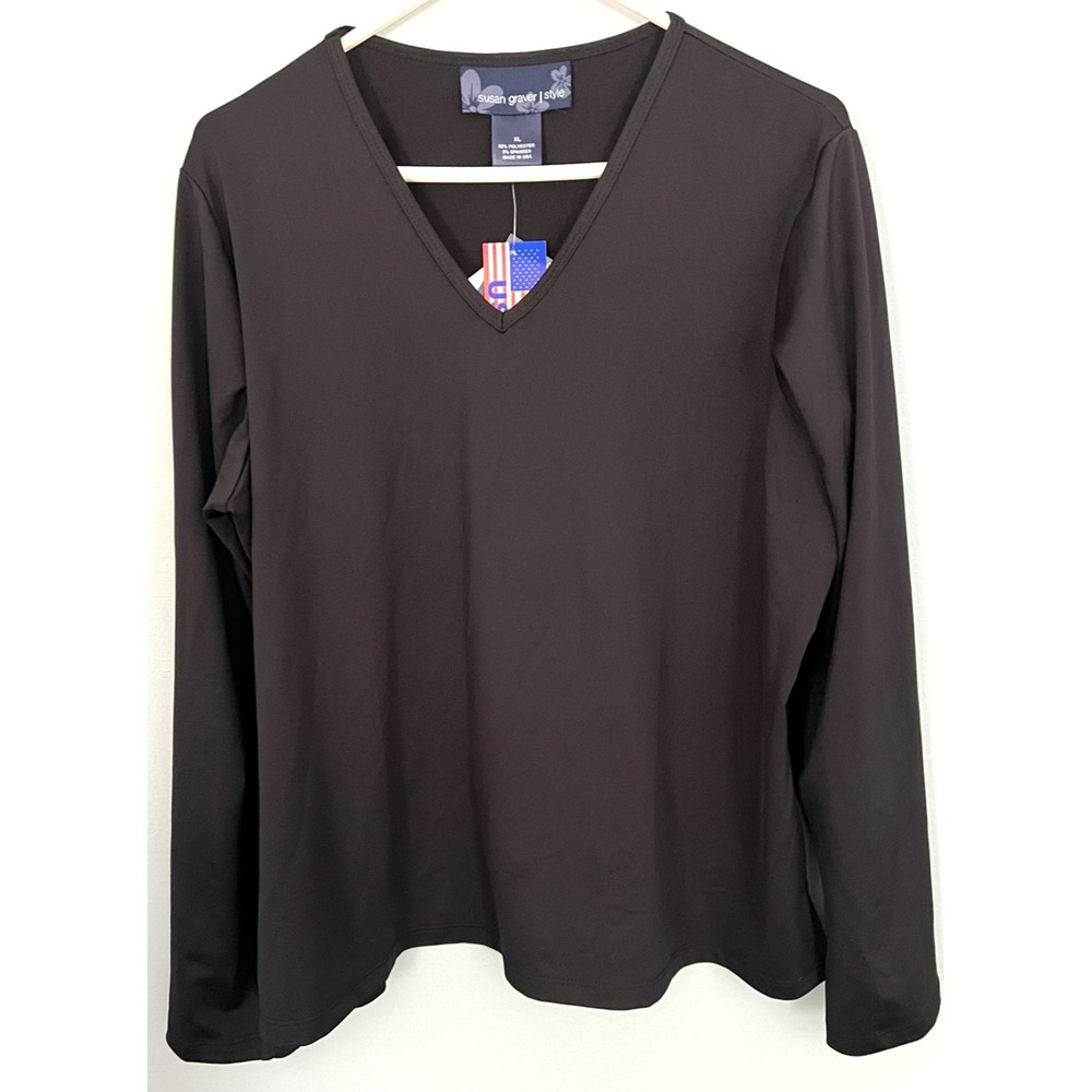 Susan Graver Style Shirt Womens XL Black V-Neck Long Sleeve Stretch Made USA NWT